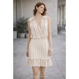 Veronica Beard Textured Stripe Sleeveless Wrap Dress Ivory Metallic Med